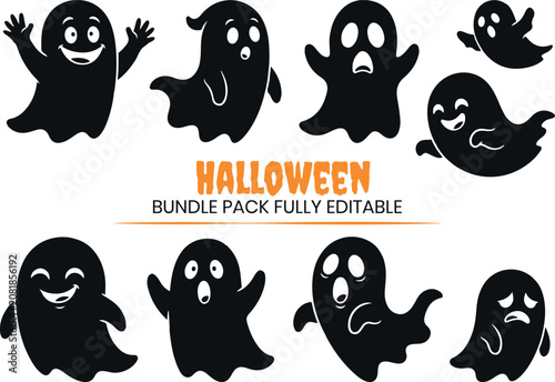 Cartoon ghost silhouettes with funny expressions bundle. Fully editable black phantom vectors in active flying poses for whimsical Halloween greeting cards and decorations.