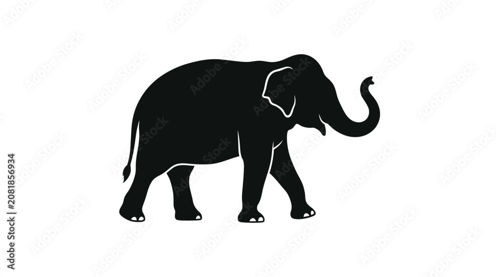 Obraz premium A minimalist black silhouette of a majestic elephant walking on a plain white background.