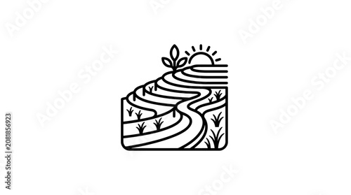 Minimalist line art illustration of terraced rice fields with a rising sun.