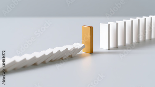 Conceptual image of a golden block stopping a chain reaction of falling white blocks, symbolizing problem-solving and resilience in business