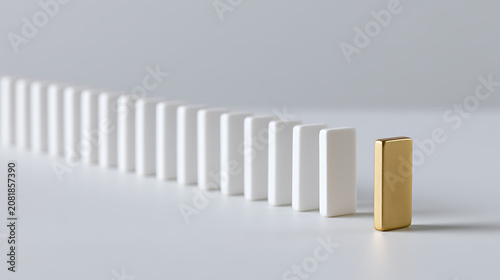 A striking golden block stands prominently against a long, uniform line of white rectangular blocks on a pristine, neutral surface