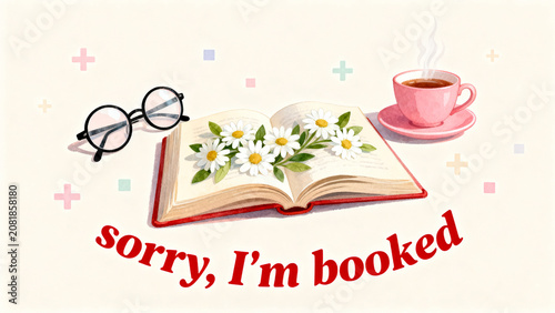 Cozy Reading Concept with Open Book Surrounded by Wildflowers and a Cup of Tea on a Soft Background