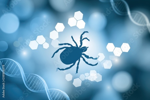 Scientific research on Ixodidae tick dna sequencing and molecular analysis in lab. Parasite over blue chemical abstract background for medical diagnostics vaccine development and pharmacology theme.