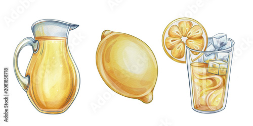 Bild auf Leinwand Lemonade Border Set Watercolor Clipart, Glass Pitcher, Fresh Lemon Juice and Cit
