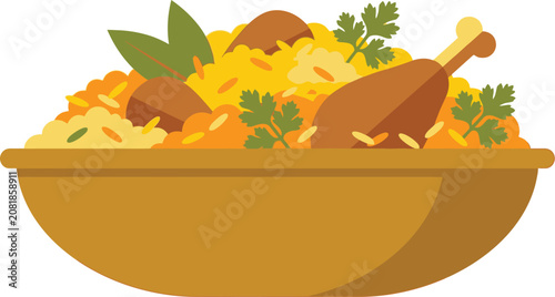 Biryani bowl filled with rice and chicken illustrated in colorful digital art style