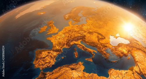 Conceptual satellite view of Europe under severe summer heatwave and global warming, AI-generated