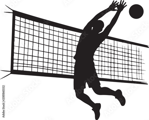 Volleyball player silhouette, jumping spike, volleyball icon, sports vector, athletic action