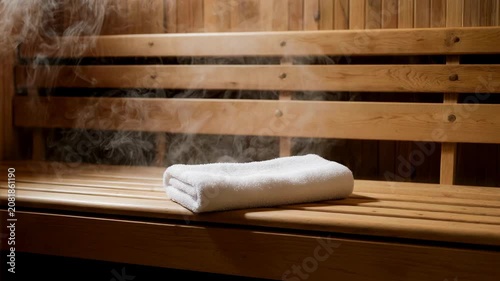 Close-up of a white towel on a sauna bench with rising steam. Traditional wooden sauna interior for health and wellness. Spa treatment and rest concept
