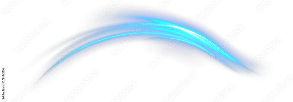 Obraz premium Blue glowing curved light trail with a bright flare, isolated on a transparent background. Dynamic magical energy streak for fantasy spells, game interface effects, combat VFX, UI overlays, motion gra