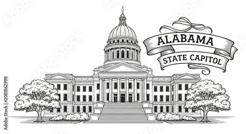 Alabama State Capitol Building Illustration with Trees and Landmark Sign