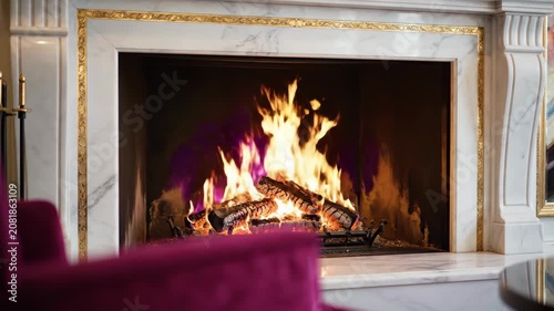 Roaring fire in a luxury marble fireplace with gold trim. Burning logs in an elegant home interior. Warm and cozy living room atmosphere