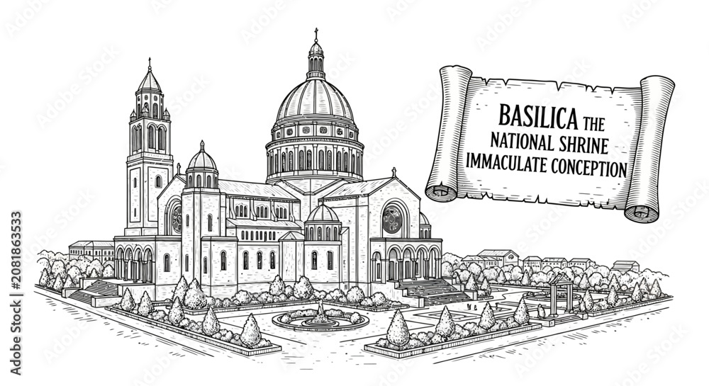 Obraz premium Basilica National Shrine Immaculate Conception Sketch Drawing, Washington DC Landmark
