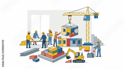 Diverse team constructing modular building elements with heavy machinery