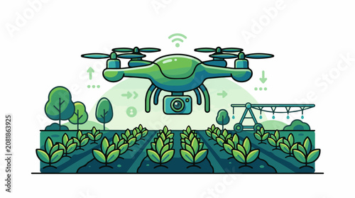 Drone surveying a lush green farm with irrigation systems