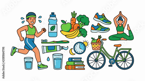 Healthy lifestyle elements including running yoga biking and healthy food