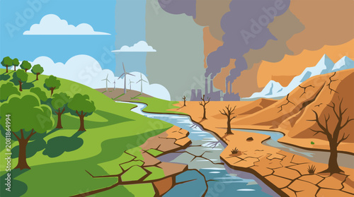 Lush green contrasted with arid polluted industrial landscape