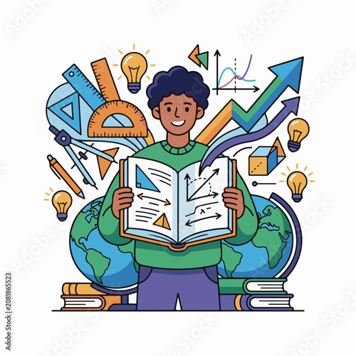 Person with book surrounded by math symbols and globes