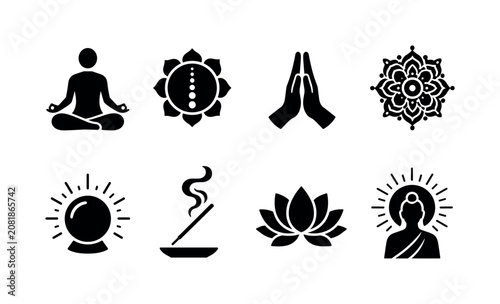 Spiritual Meditation. Filled icon set of Spiritual Meditation: seated yogi, chakra symbol, prayer hands, sacred mandala, glowing orb, incense stick, lotus blossom, enlightenment halo. Solid icons set.