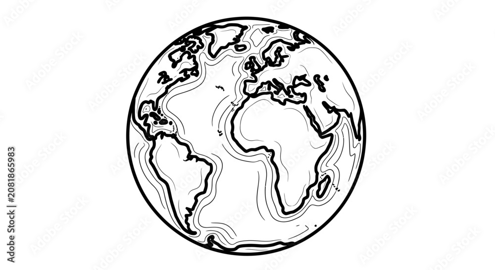 Obraz premium Sketched Earth Globe Illustration with Simple Line Art of Global Landmasses and Oceans.