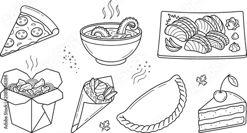 Cuadro en lienzo International food and fast delivery vector line art icon set featuring pizza sushi soup noodles calzone dessert cake