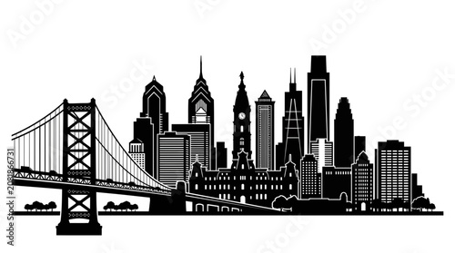 Philadelphia Skyline Silhouette with Benjamin Franklin Bridge, Black and White Vector Art