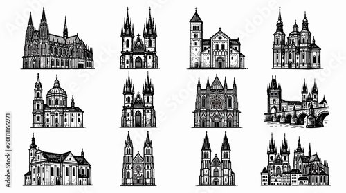 Fotografía Collection of Vintage European Cathedral Illustrations