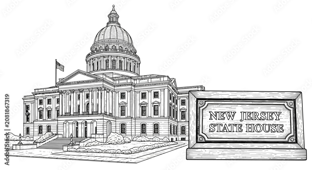 Obraz premium New Jersey State House Building Illustration, Trenton Landmark, Government Architecture