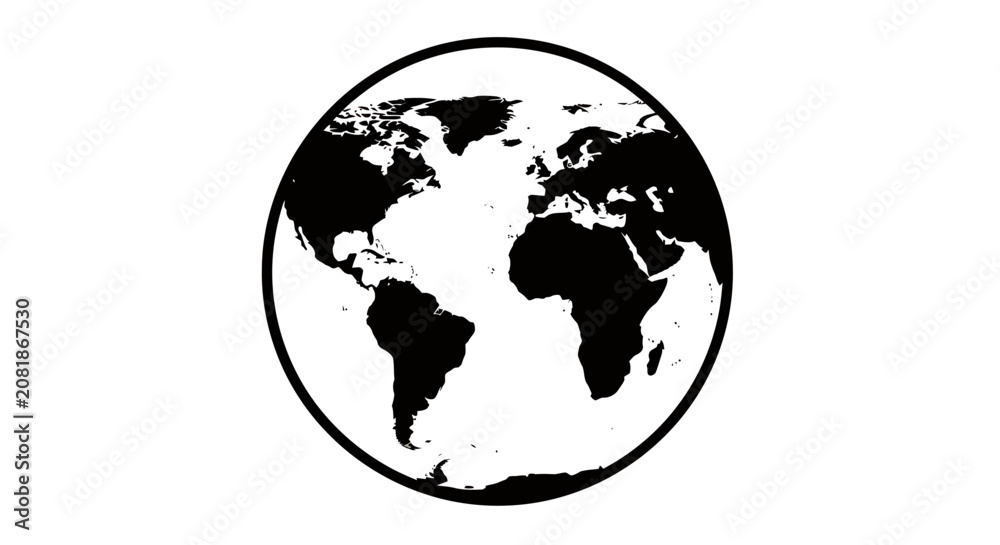 Fototapeta premium Graphic globe icon representing global map and world continents.
