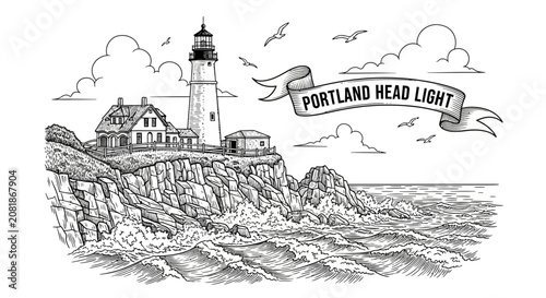 Portland Head Light Sketch: Iconic Lighthouse on Rocky Coastline with Banner and Seagulls