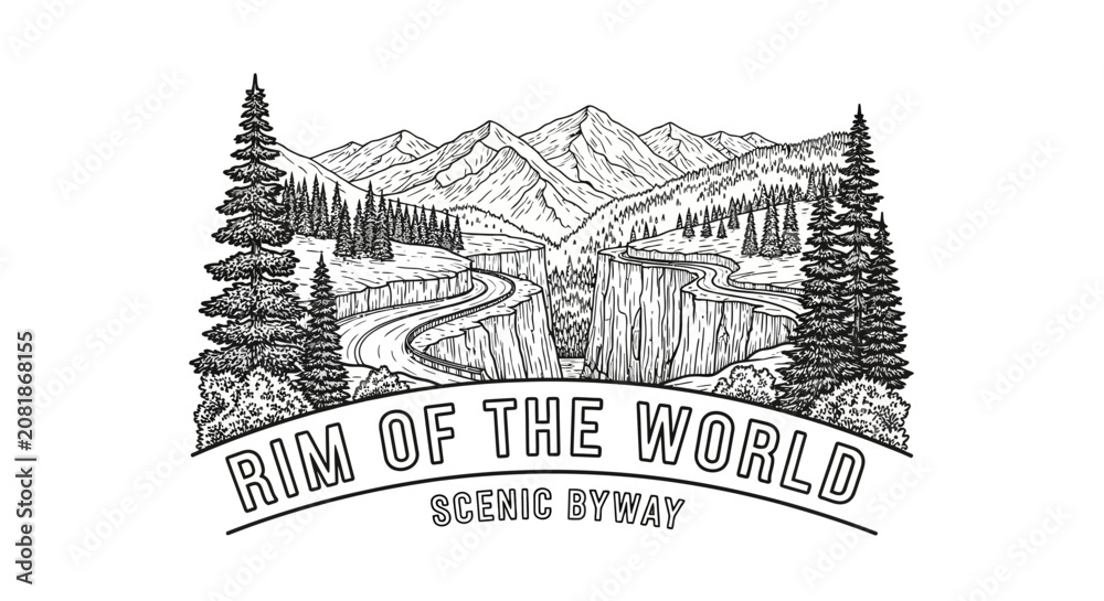 Naklejka premium Scenic Byway Landscape Illustration: Mountains, Canyon, Forest, Road