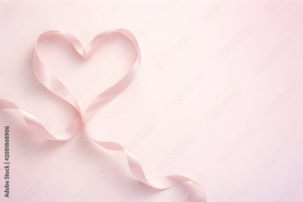 Fototapeta premium Pink ribbon shaped into a heart on soft pink background with copy space