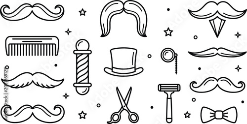 Quadro su tela Barber shop gentleman mustache vector line art set featuring comb scissors razor monocle bowtie barber pole top hat star elements