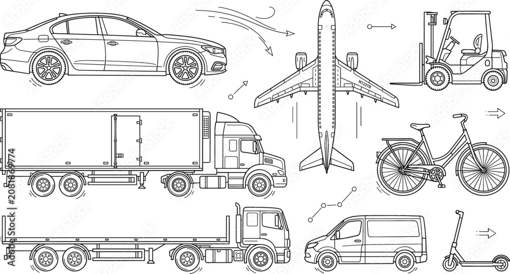 Obraz premium Logistics and transportation vector line art icon set featuring sedan car airplane semi truck flatbed van forklift bicycle electric scooter.