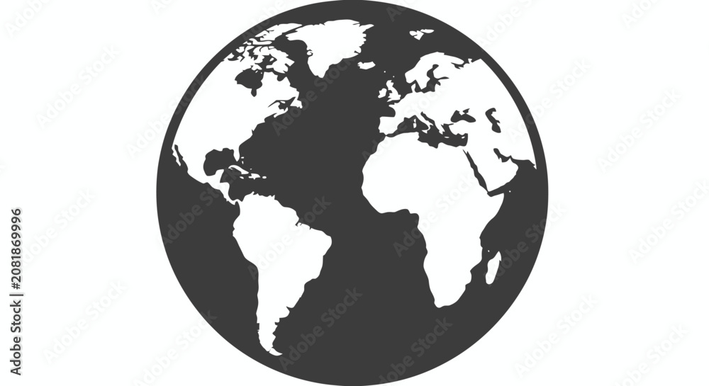 Obraz premium Stylized black and white globe icon representing a world map graphic resource.
