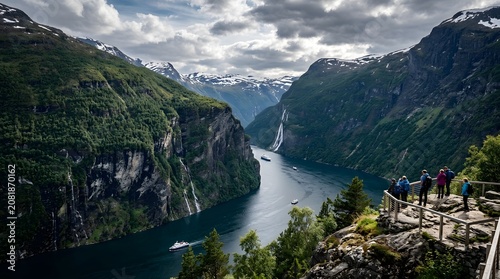 Norwegian fjord surrounded by towering cliffs and waterfalls, dramatic natural scenery, ultra detailed travel photography