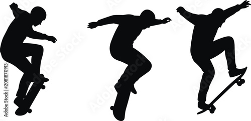 Foto Skateboarder silhouettes collection, skateboard tricks jumping, urban street spo