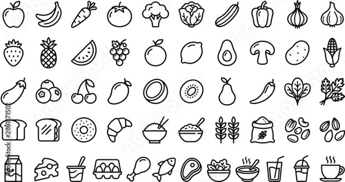 Healthy food and grocery outline line icon set collection
