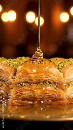 Syrup drips onto a stack of golden baklava pastry with pistachios on a plate