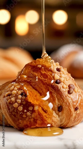 Golden syrup drips onto a chocolate chip croissant on a marble countertop in a bakery.