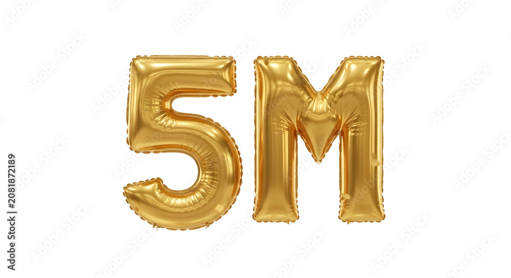 Naklejka premium Gold metallic balloon letters spelling 5m with metallic milestone celebration marketing transparent as PNG element