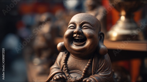 Close up of laughing Buddha bronze statue indoors