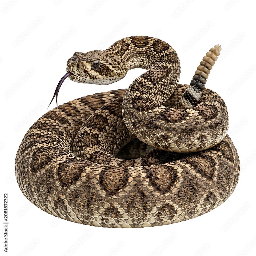 Obraz premium Coiled western diamondback rattlesnake with tongue flicking, rattlesnake