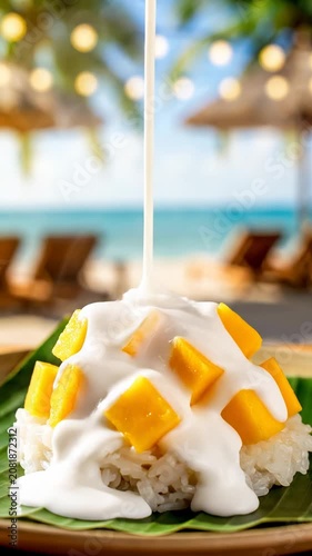 Coconut milk drizzles over mango sticky rice on a leaf plate at a beachside resort.