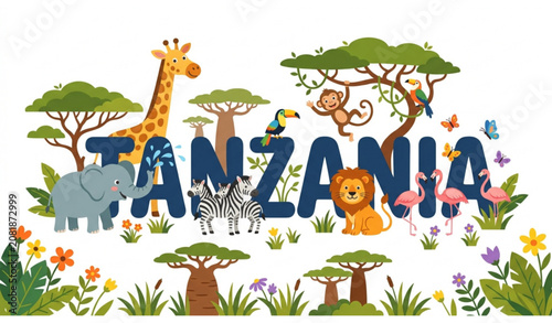 Canvas Print Cute Tanzania Typography with Safari Animals Birds and African Nature Cartoon Fl