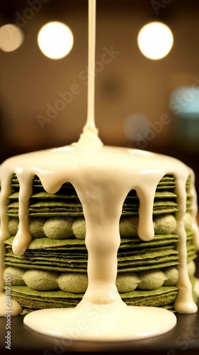 A stack of pancakes with matcha green tea flavor is being drizzled with white sauce in a restaurant.