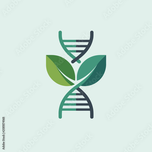 DNA helix intertwined with green leaves design.