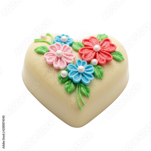Creamy heart-shaped pastry with vibrant floral decorations during a celebration Isolated on transparent background