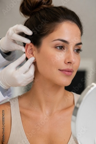 Young woman during otoplasty examination with surgeon assessing ear contours in aesthetic clinic setting