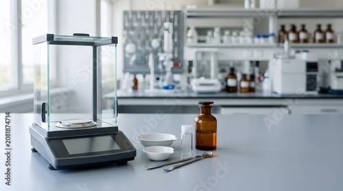 premium analytical chemistry workstation featuring digital laboratory balance weighing accessories reagent bottle and precision measurement equipment