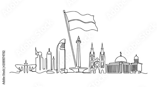 Fotografie Jakarta Skyline Continuous Line Drawing with Indonesian Flag